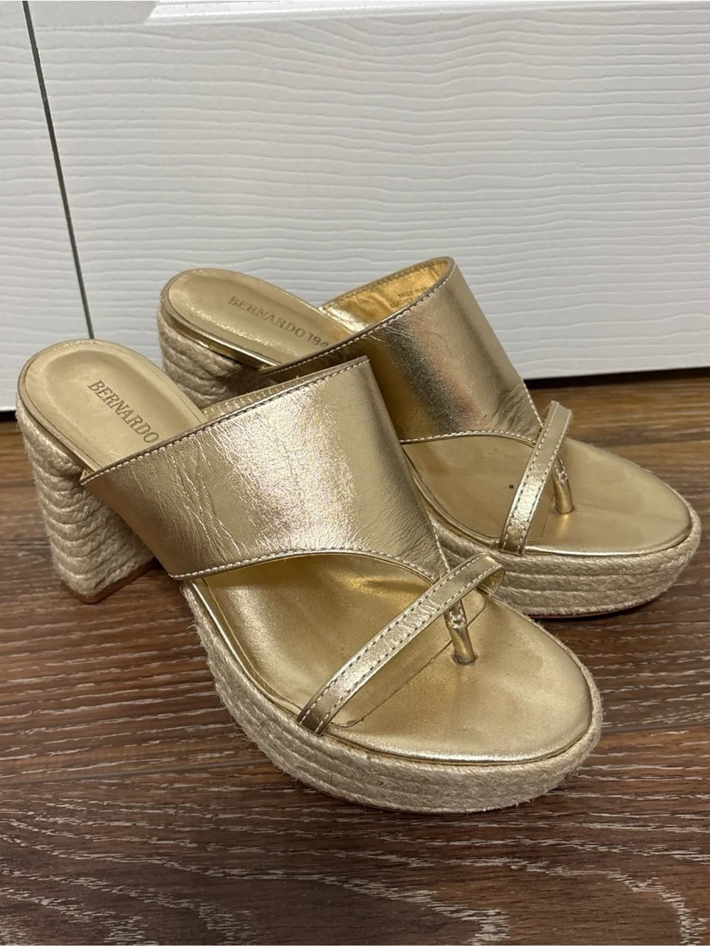 Bernardo Metallic Gold Espadrille Platform Thong Heels